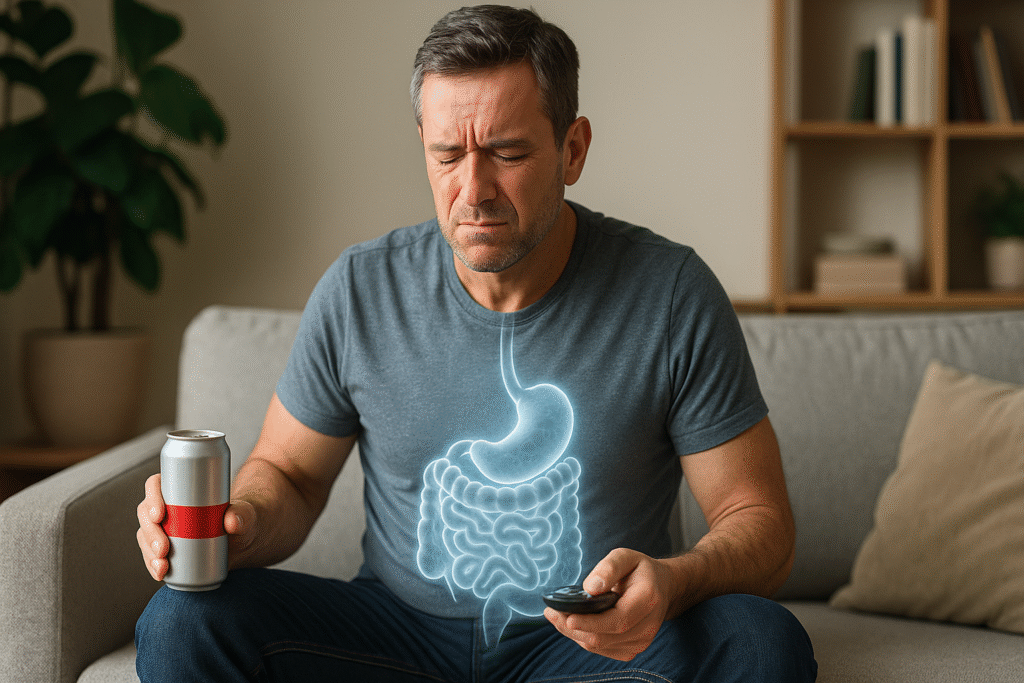 Man experiencing digestive discomfort while drinking diet soda, symbolizing gut microbiome disruption and bloating from artificial sweeteners.