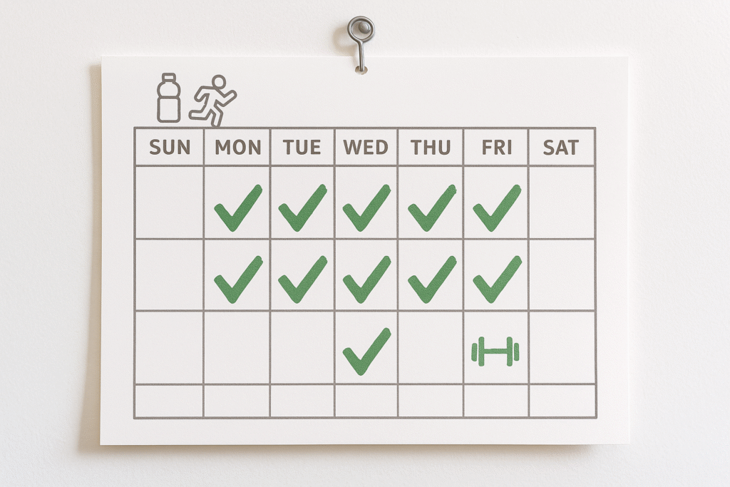 Realistic calendar with green checkmarks showing a senior’s weekly workout consistency