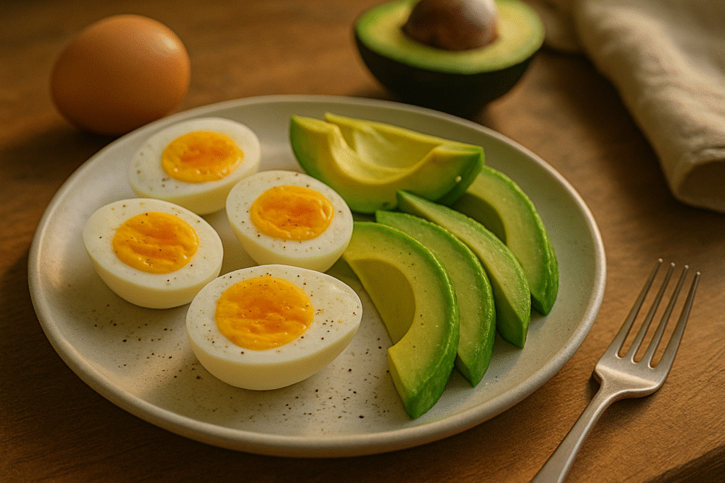 Hard-boiled eggs with avocado slices on a ceramic plate with soft lighting on wooden counter