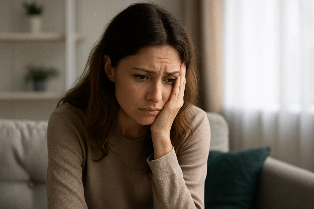 Woman looking distressed with hand on face, capturing emotional tension and sadness