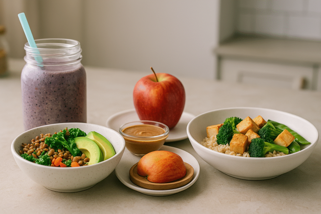 A full day of high fiber meals including smoothie, lentil bowl, apple snack, and stir-fry with tofu