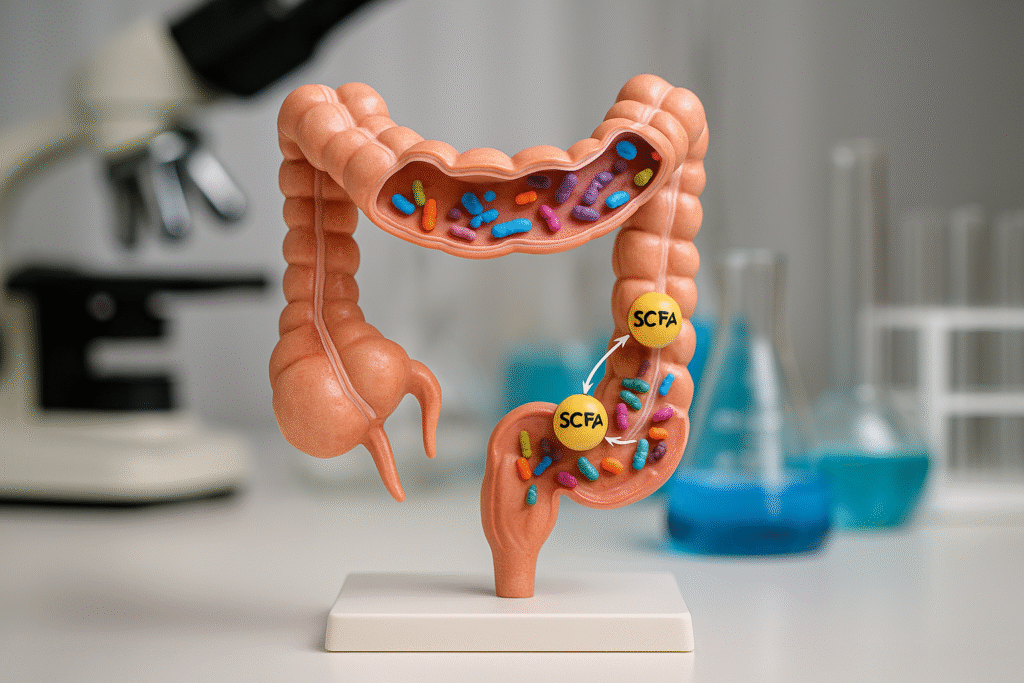 Visualization of healthy gut microbiota fermenting fiber into short-chain fatty acids inside the colon