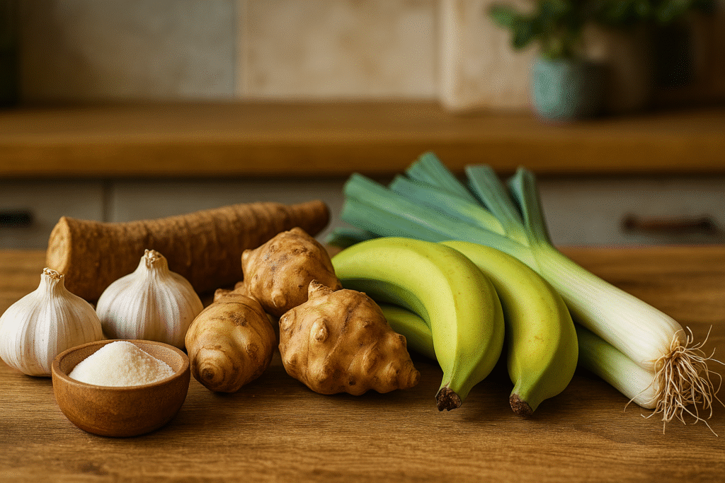 Fermentable fiber-rich foods like garlic, leeks, chicory, green banana, and artichoke on a kitchen counter