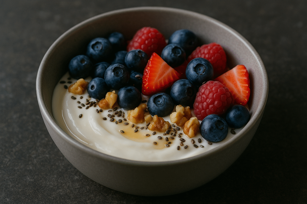 A creamy Greek yogurt bowl topped with blueberries, raspberries, strawberries, chia seeds, and walnuts.