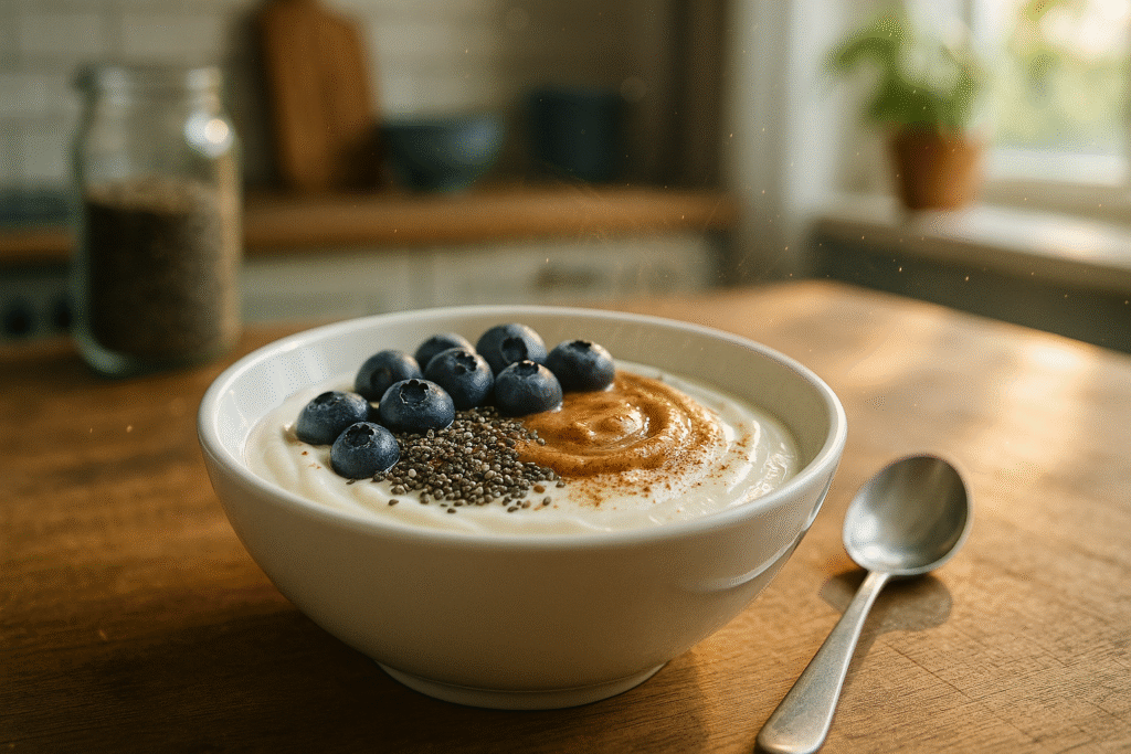 Greek yogurt bowl topped with chia seeds, blueberries, almond butter, and cinnamon on a kitchen counter