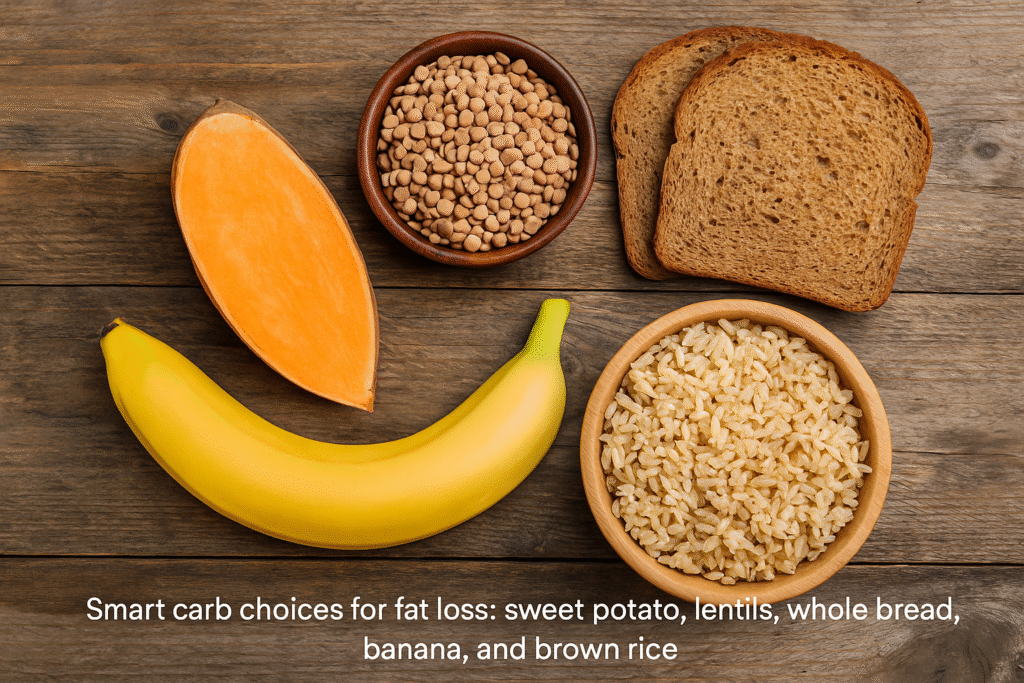 Assortment of smart carbs like sweet potato, lentils, whole bread, banana, and brown rice on wooden background