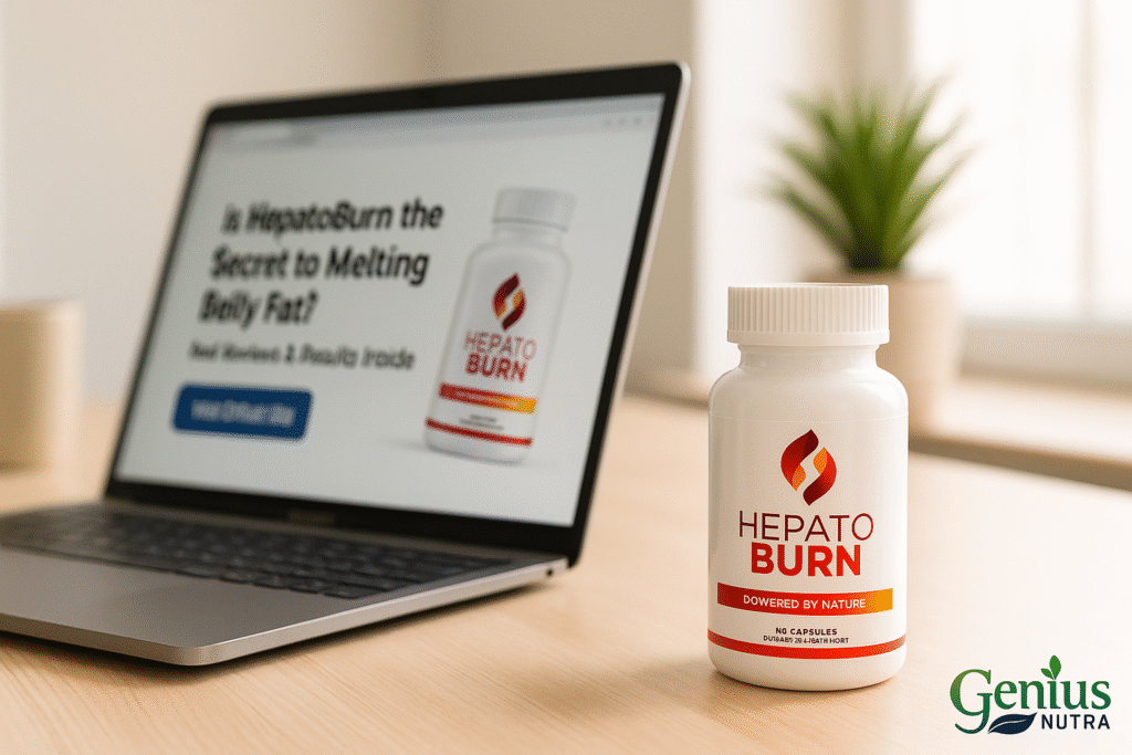 HepatoBurn bottle next to laptop showing official website open