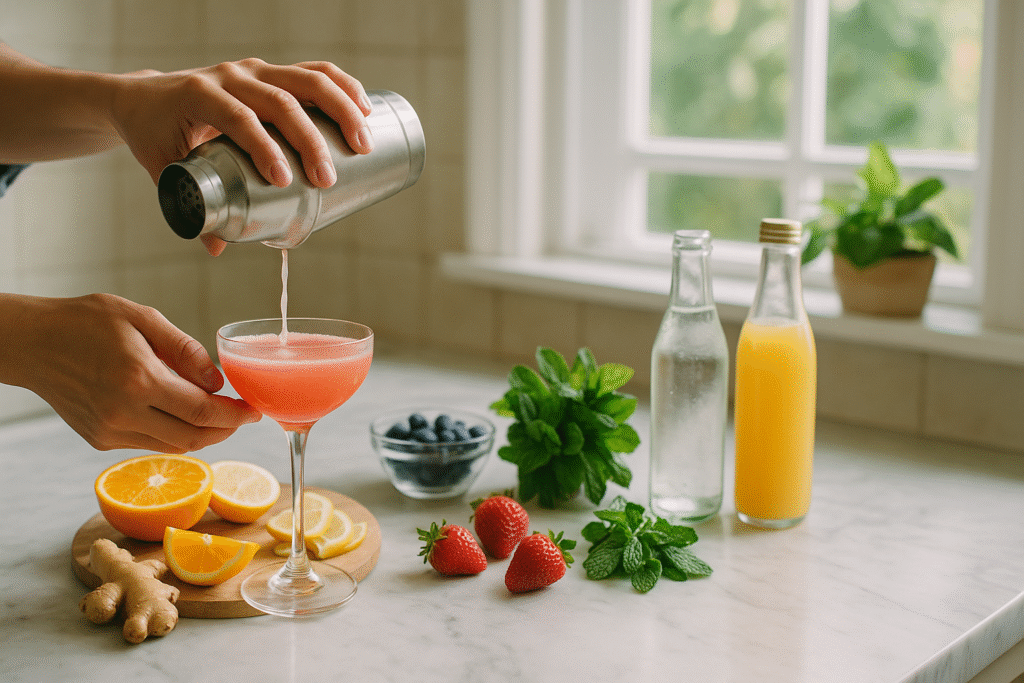 Preparing a healthy non-alcoholic cocktail at home with fresh ingredients