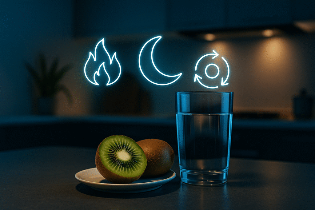 Sliced kiwi and glass of water on a futuristic kitchen counter with nighttime fat-burn symbols