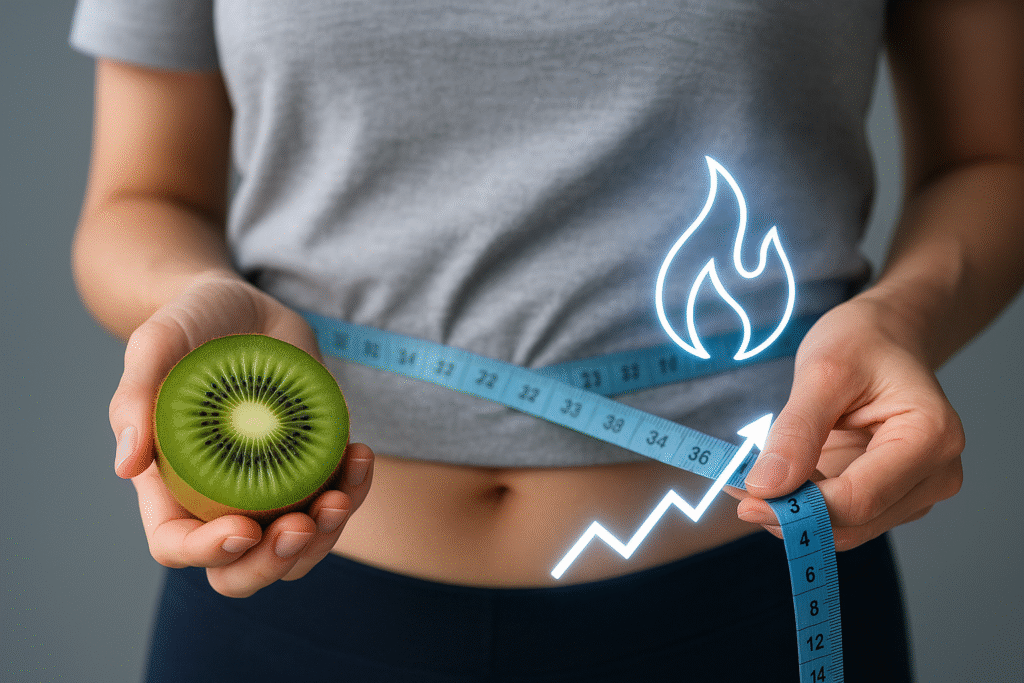 Woman measuring waist while holding kiwi fruit, symbolizing fat burn and progress