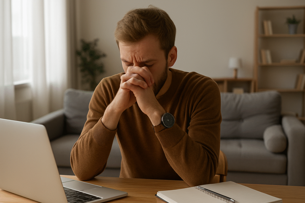 Man sitting with head bowed, struggling with mental fatigue while working at home