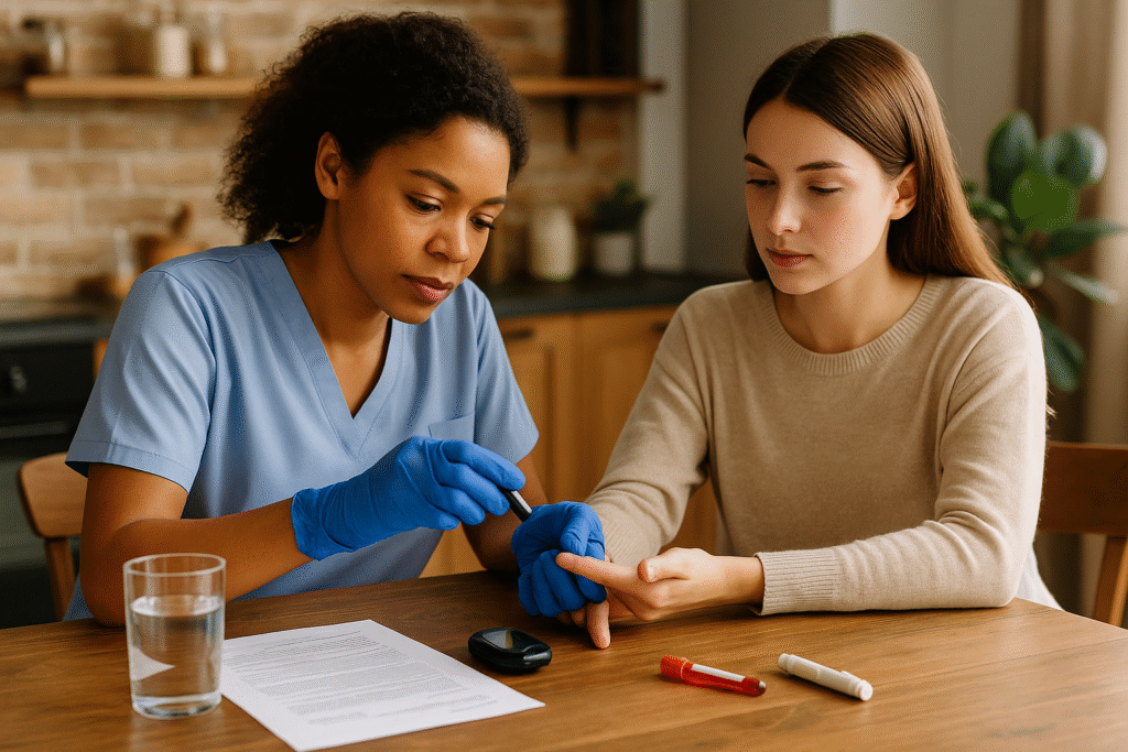 Healthcare professional assisting a patient with a micronutrient blood test at home, surrounded by wellness tools