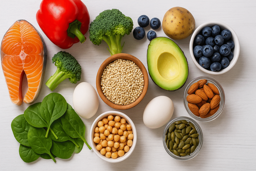 Healthy foods including quinoa, avocado, and salmon representing solutions for common micronutrient deficiencies