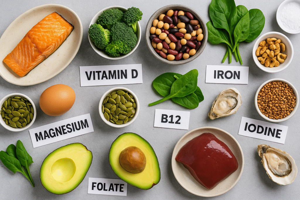 Labeled foods on gray background showing rich sources of micronutrients like vitamin B12, magnesium, iodine, and folate
