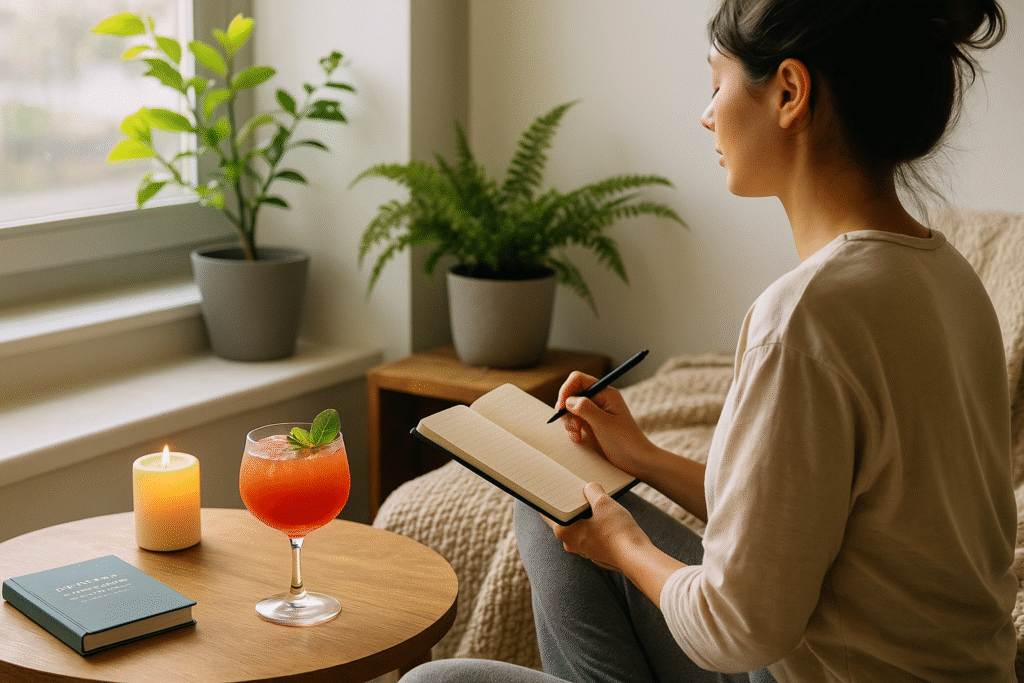 A horizontal view of a relaxing morning wellness ritual with a colorful mocktail