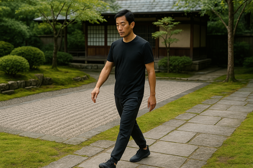 Man practicing Namba Aruki in Japanese Zen garden with same-side limb movement