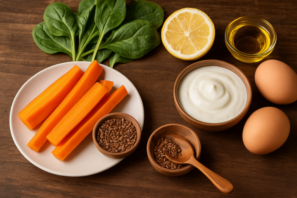 Realistic photo of nutrient pairings including spinach, lemon, carrots, yogurt, eggs, and flaxseeds