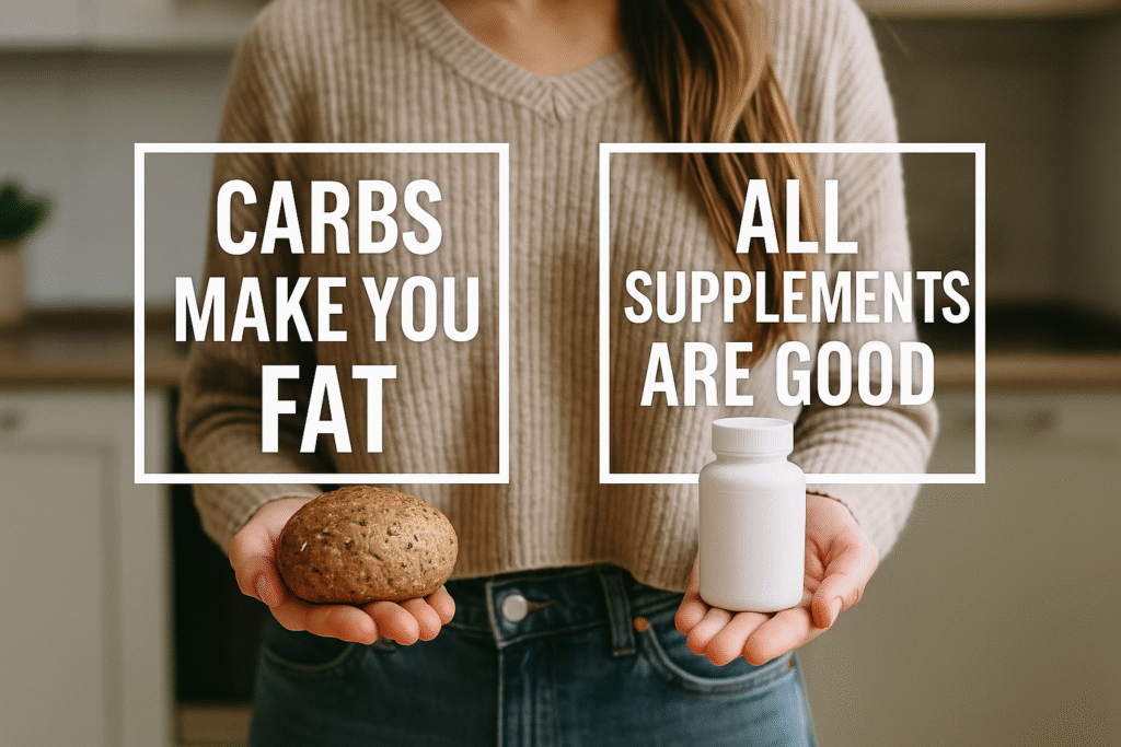 Realistic photo of woman holding bread and a supplement bottle with text showing common nutrition myths