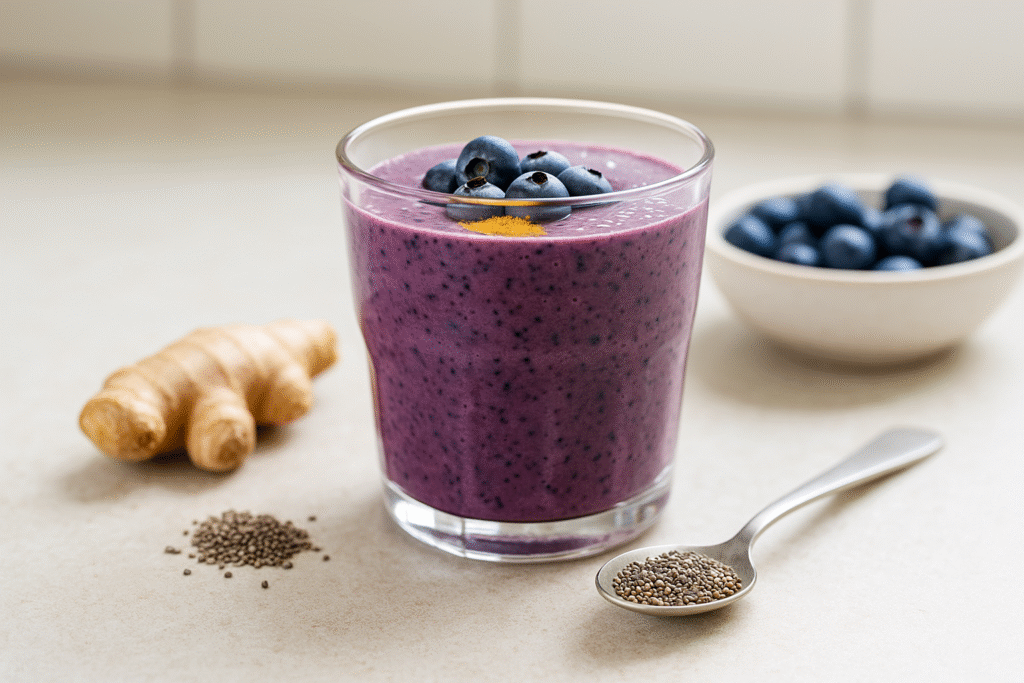 Green smoothie with pineapple and spinach surrounded by fresh ingredients on a counter.