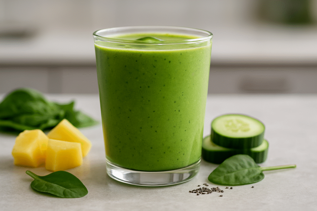 Green smoothie with pineapple and spinach surrounded by fresh ingredients on a counter.