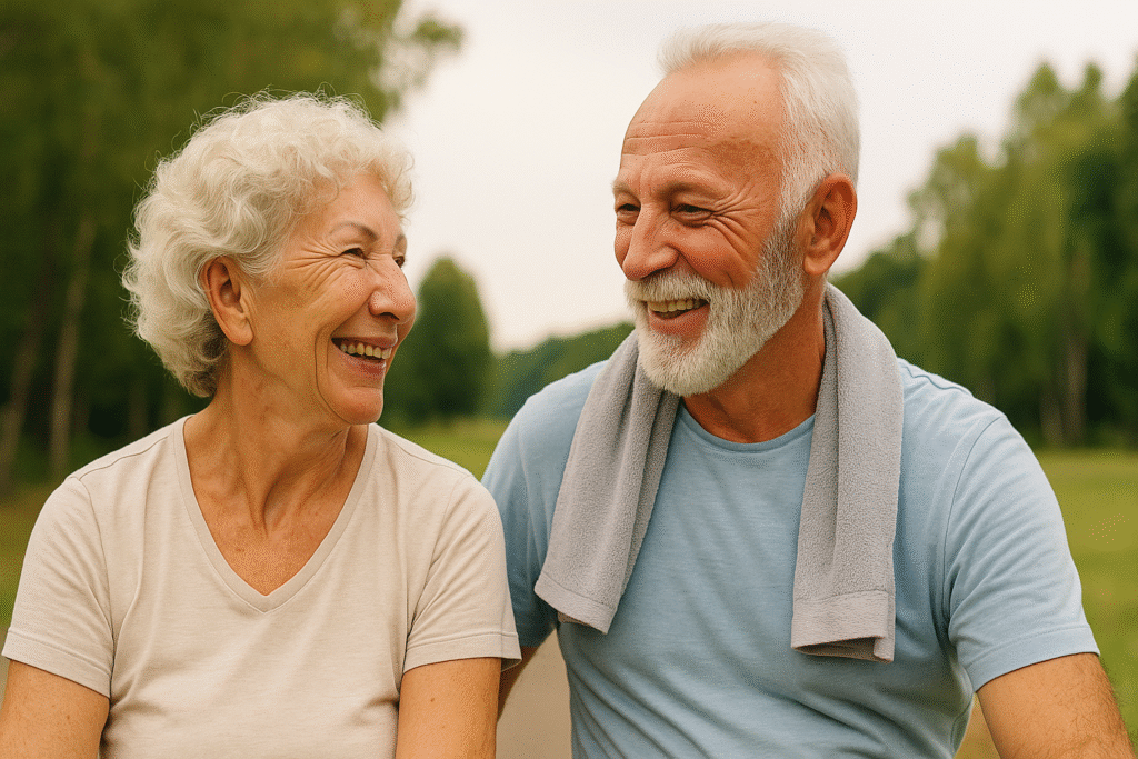 Smiling senior couple outdoors enjoying the emotional benefits of post-exercise