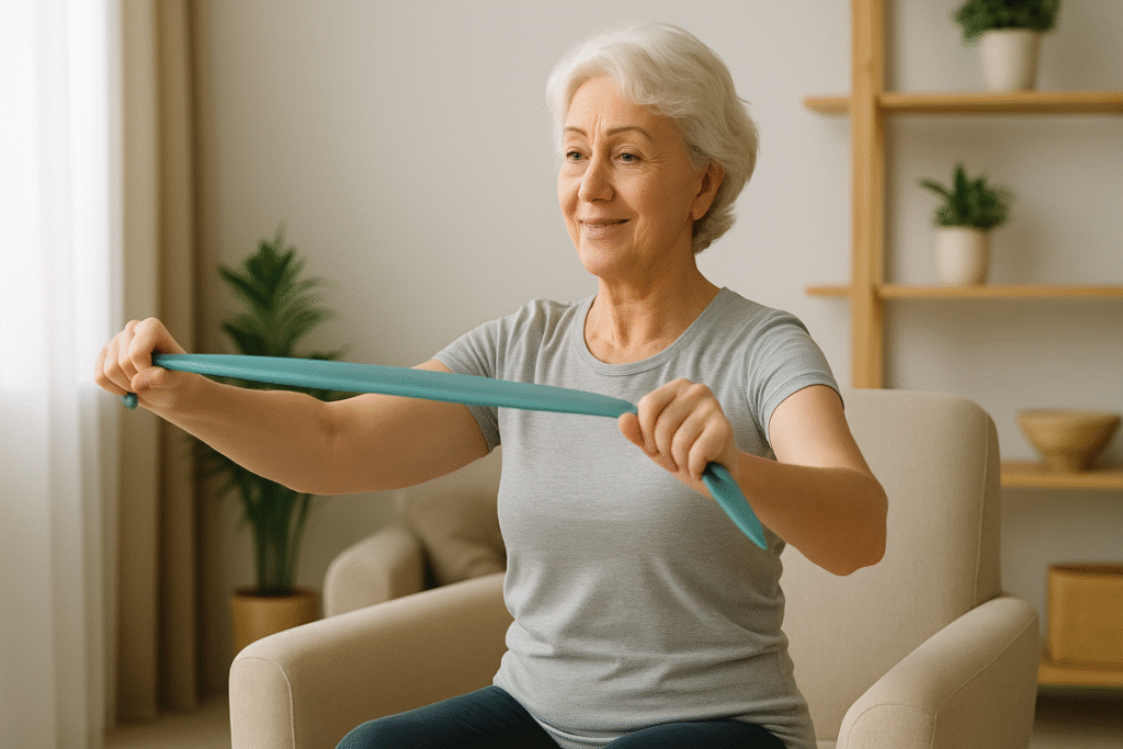 Elderly woman exercising with a resistance band while seated comfortably at home