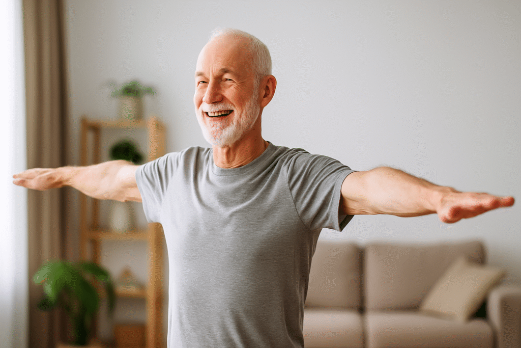 Elderly man stretching arms wide during warm-up in a bright home setting