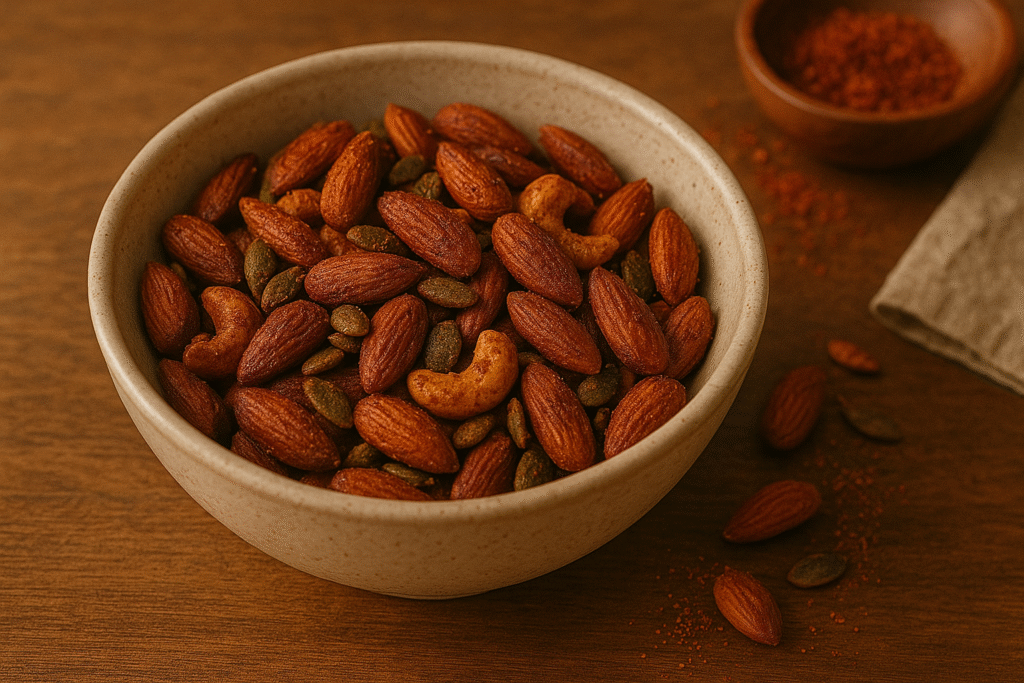 Bowl of roasted almonds and seeds seasoned with spices on a wooden surface with cozy lighting