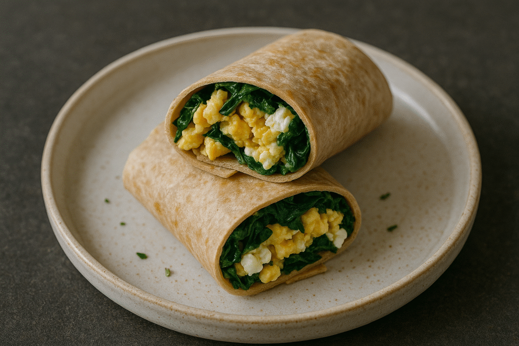 A breakfast wrap filled with scrambled eggs, sautéed spinach, and feta cheese, sliced on a ceramic plate.