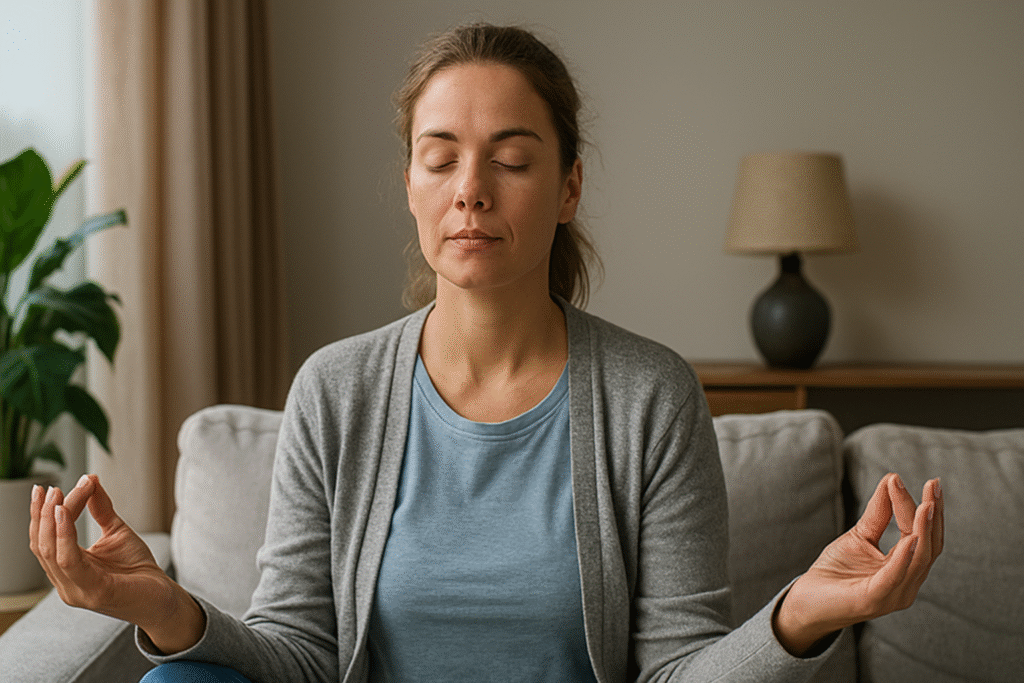 Calm woman practicing mindfulness meditation in a softly lit, peaceful living room