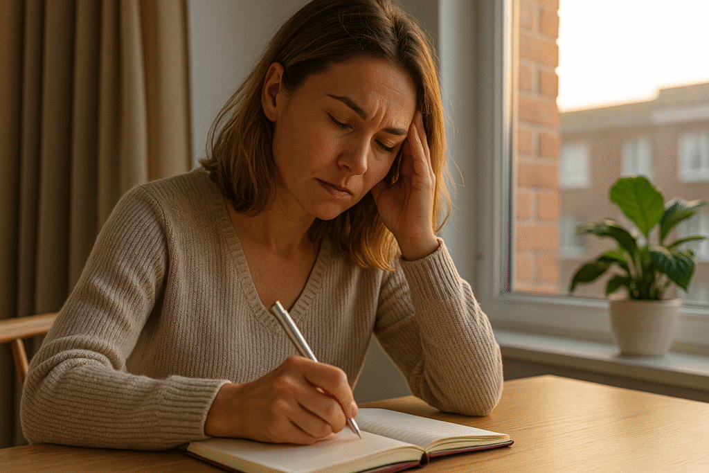 Woman journaling on a Sunday afternoon while reflecting near a sunlit window