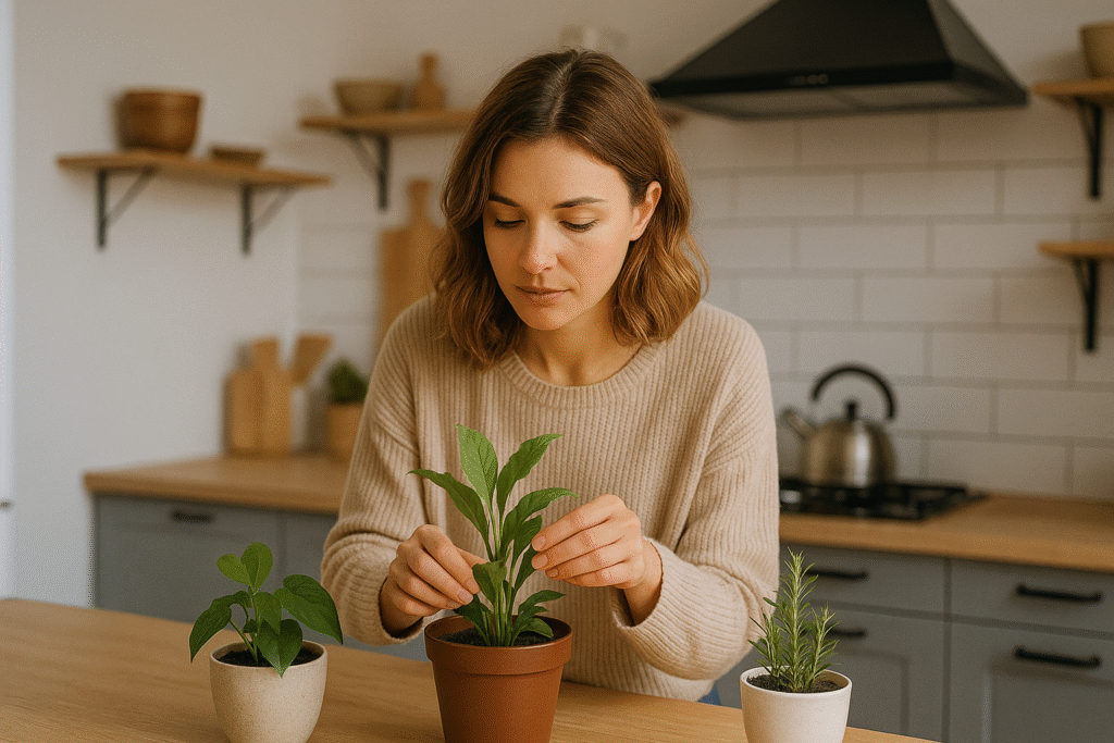 Woman peacefully tending to houseplants in a warm, minimalistic kitchen on Sunday