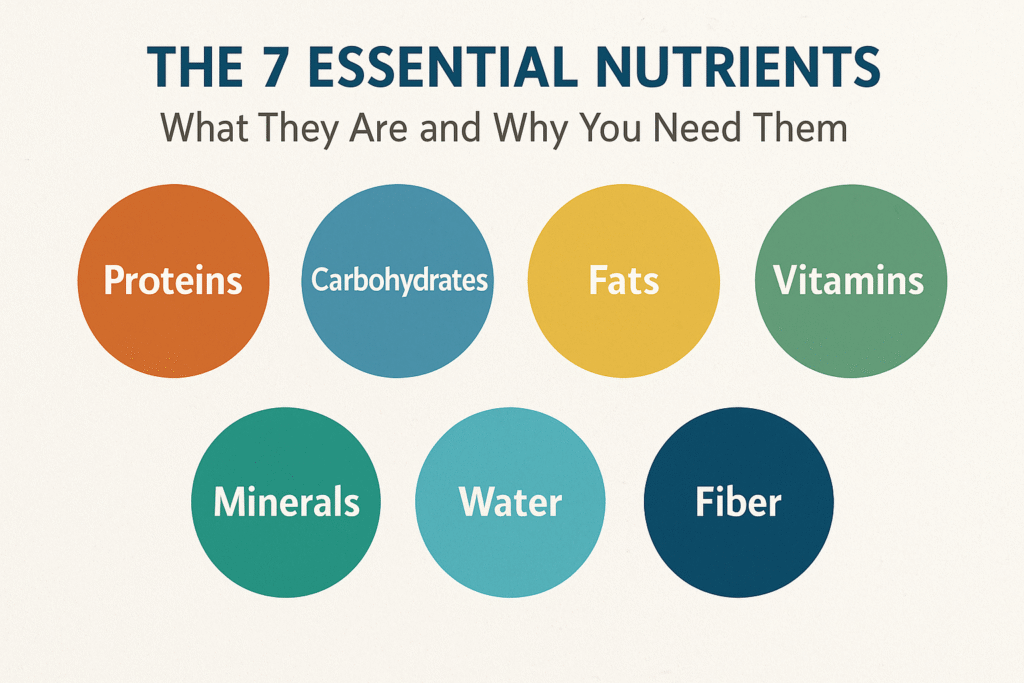 Infographic showing proteins, carbohydrates, fats, vitamins, minerals, water, and fiber as essential nutrients