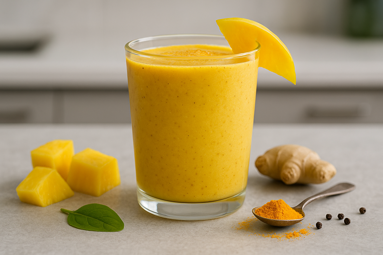 Golden mango turmeric smoothie with fresh ingredients like ginger and turmeric on the side.