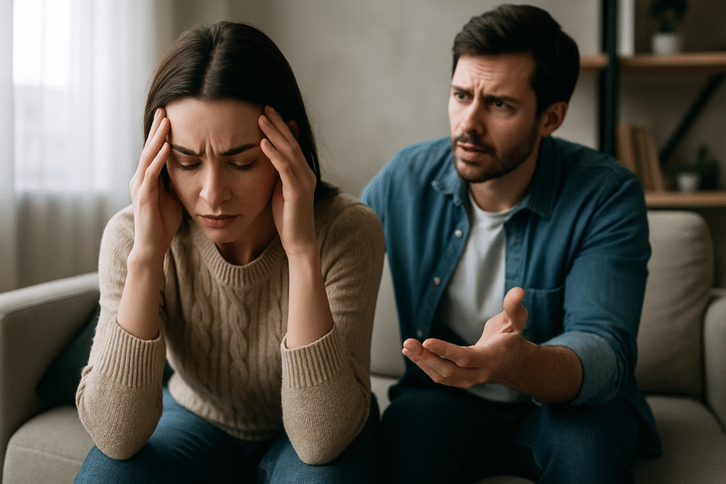 Couple sitting on couch, woman in distress, man expressing concern