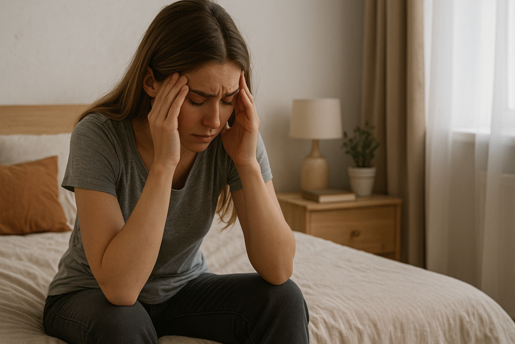 Woman holding her temples, showing distress and tension in a quiet bedroom