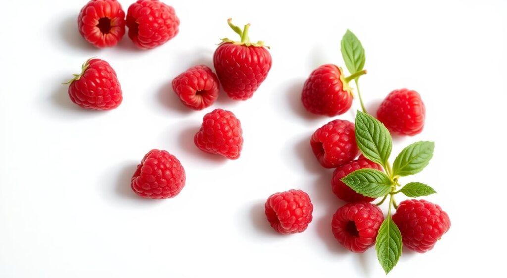 A bountiful assortment of fresh, juicy raspberries arranged against a clean, white background. The raspberries are in focus, with their vibrant red hues and delicate, velvety textures showcased under soft, natural lighting that casts gentle shadows. The composition emphasizes the berries' luscious appearance, conveying their potential as a healthful, metabolism-boosting ingredient. The image has a crisp, clean aesthetic, highlighting the raspberries' inherent nutritional properties and their role as a versatile, weight-loss-friendly food.