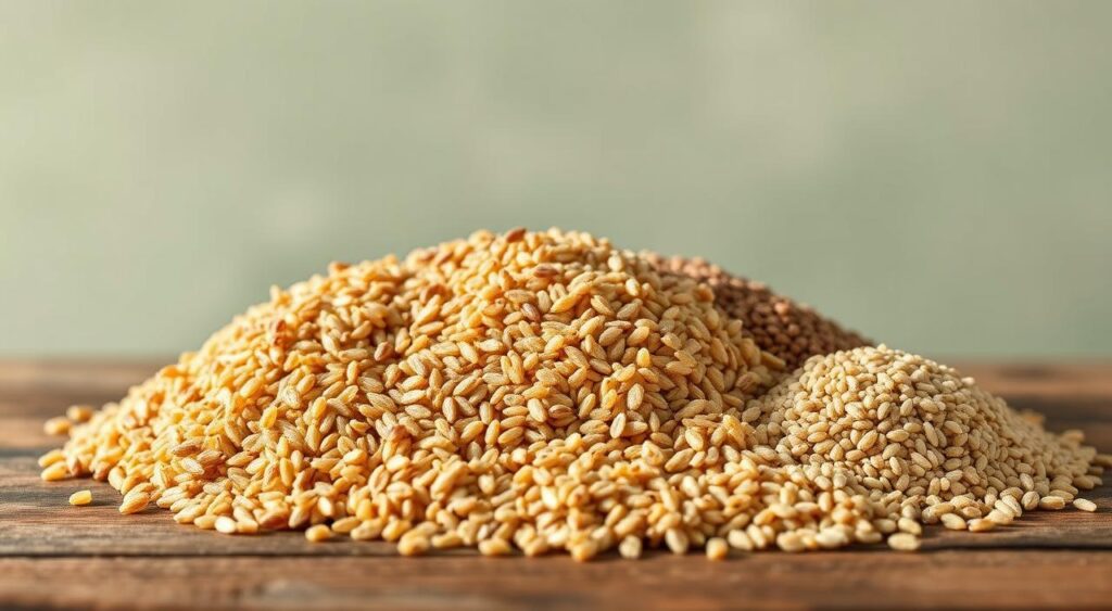 A bountiful assortment of low-glycemic whole grains, including hearty brown rice, nutty quinoa, and dense barley, sit atop a rustic wooden table. Soft, natural lighting illuminates the grains, casting warm shadows and highlighting their varied textures. In the background, a muted, earthy color palette of greens and browns creates a soothing, minimalist atmosphere, conveying a sense of wholesome nourishment and sustained energy. The scene is captured with a sharp, high-resolution lens, emphasizing the detailed, tactile qualities of the grains and the overall natural, unprocessed aesthetic.