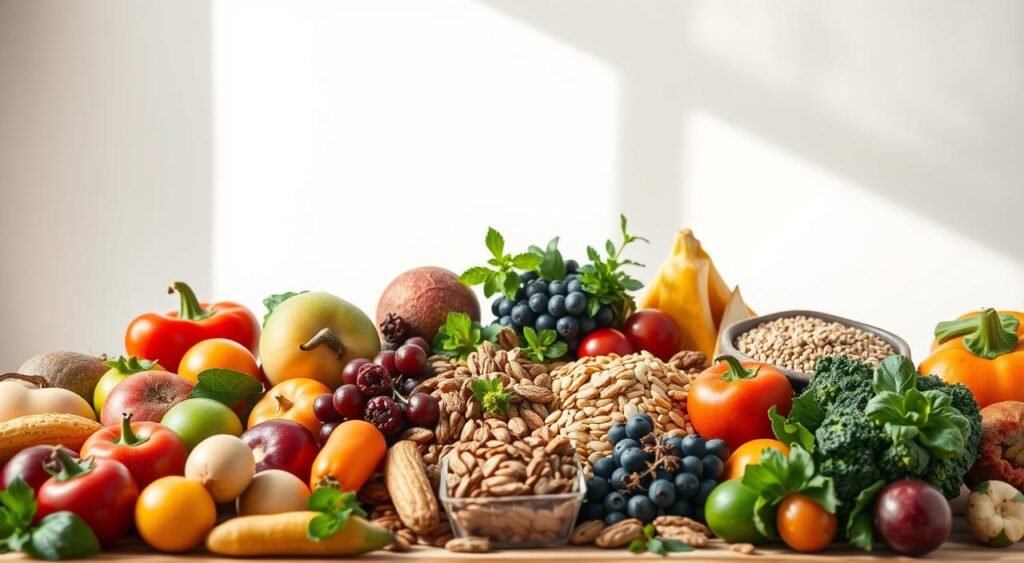 A bountiful display of plant-based superfoods, artfully arranged against a bright, natural backdrop. In the foreground, a vibrant selection of fruits and vegetables rich in plant sterols, their colors and textures inviting the viewer to indulge in a healthy, cholesterol-lowering diet. In the middle ground, a selection of nuts, seeds, and whole grains, all known for their high concentrations of these beneficial plant compounds. The background features a serene, minimalist setting, with soft, diffused lighting illuminating the scene and creating a sense of warmth and nourishment. The overall composition conveys a message of balance, wellness, and the power of plant-based nutrition to support cardiovascular health without the need for medication.
