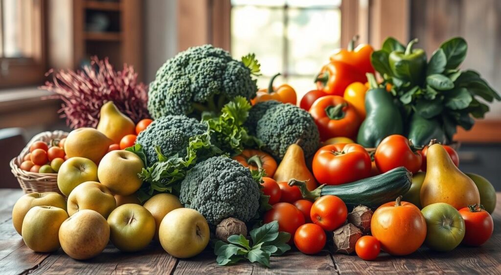 A bountiful still life featuring an assortment of low glycemic fruits and vegetables, artfully arranged on a rustic wooden table. In the foreground, a vibrant selection including green apples, pears, kiwi, broccoli, and leafy greens. The middle ground showcases ripe tomatoes, bell peppers, and zucchini, while the background reveals a soft, natural light filtering through a window, casting a warm, inviting glow. The composition is balanced and visually appealing, capturing the nutritious and wholesome nature of these low-GI food items. The overall mood is one of health, vitality, and culinary inspiration.