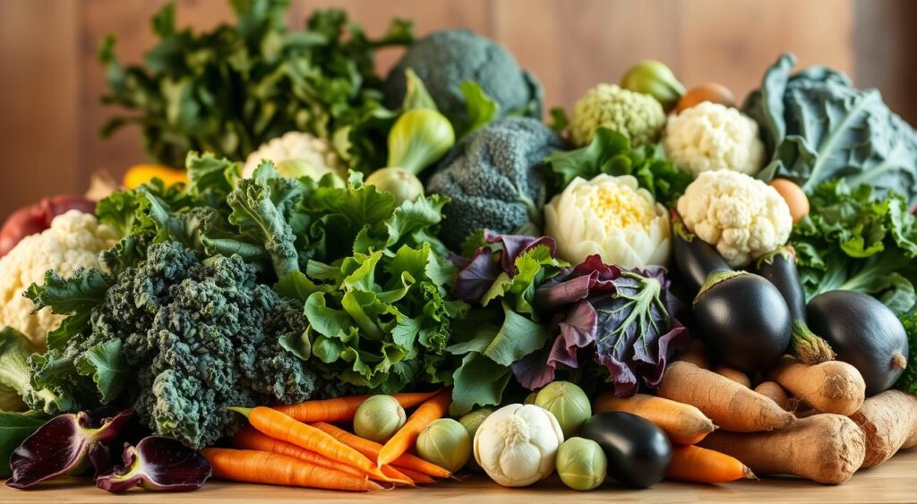 A bountiful still life scene of low glycemic index vegetables, captured in warm, natural lighting. In the foreground, an assortment of leafy greens - kale, spinach, and Swiss chard - stand tall and vibrant. In the middle ground, a variety of cruciferous vegetables, such as broccoli, cauliflower, and Brussels sprouts, are arranged artfully. The background features root vegetables, including carrots, zucchini, and eggplant, nestled together. The scene conveys a sense of abundance, freshness, and health, inviting the viewer to incorporate these nutrient-dense, low-glycemic options into their diet. A bountiful still life scene of low glycemic index vegetables, captured in warm, natural lighting. In the foreground, an assortment of leafy greens - kale, spinach, and Swiss chard - stand tall and vibrant. In the middle ground, a variety of cruciferous vegetables, such as broccoli, cauliflower, and Brussels sprouts, are arranged artfully. The background features root vegetables, including carrots, zucchini, and eggplant, nestled together. The scene conveys a sense of abundance, freshness, and health, inviting the viewer to incorporate these nutrient-dense, low-glycemic options into their diet.