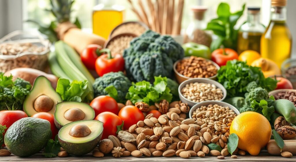 A bountiful still life showcasing an assortment of nutrient-dense plant-based foods. In the foreground, a selection of vibrant fruits and vegetables including avocados, tomatoes, broccoli, and leafy greens. In the middle ground, various nuts and seeds such as almonds, walnuts, and sunflower seeds. In the background, a variety of whole grains, legumes, and plant-based oils. The scene is illuminated by natural, diffused lighting, creating a warm, inviting atmosphere. The composition emphasizes the abundance and diversity of these cholesterol-lowering, plant-based superfoods.