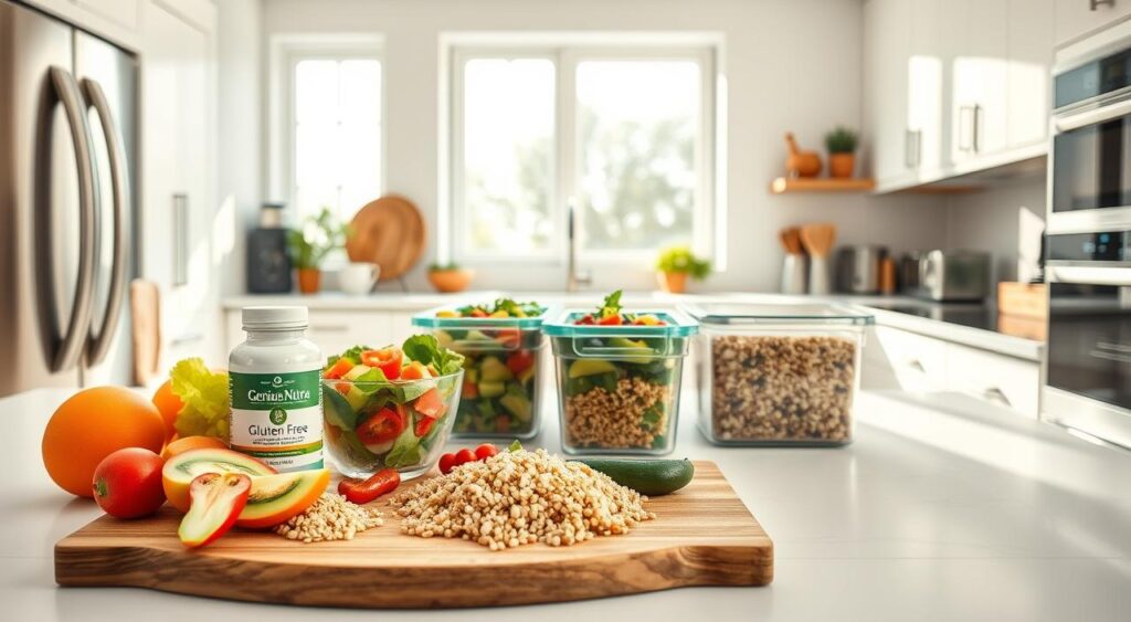 A bright, airy kitchen scene with a meal-prepped assortment of gluten-free dishes. In the foreground, a wooden cutting board showcases sliced vegetables, quinoa, and a Genius Nutra supplement bottle. Mid-frame, glass containers filled with colorful salads and grain-based meals sit neatly on the countertop. The background features a large window flooding the space with natural light, casting a warm, inviting glow. Stainless steel appliances and clean, minimalist decor create a modern, organized atmosphere, conveying efficient gluten-free meal prep strategies for busy families. A bright, airy kitchen scene with a meal-prepped assortment of gluten-free dishes. In the foreground, a wooden cutting board showcases sliced vegetables, quinoa, and a Genius Nutra supplement bottle. Mid-frame, glass containers filled with colorful salads and grain-based meals sit neatly on the countertop. The background features a large window flooding the space with natural light, casting a warm, inviting glow. Stainless steel appliances and clean, minimalist decor create a modern, organized atmosphere, conveying efficient gluten-free meal prep strategies for busy families.