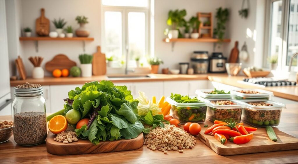 A bright, airy kitchen with ample counter space. In the foreground, an assortment of fresh, high-fiber ingredients - leafy greens, colorful vegetables, whole grains, and legumes - neatly arranged on wooden cutting boards. A glass jar of chia seeds and a bowl of mixed nuts sit nearby. The middle ground showcases a variety of meal prep containers, some filled with vibrant salads and others with hearty grain bowls. Natural light streams in through large windows, casting a warm glow on the scene. The overall atmosphere conveys a sense of wellness, organization, and a commitment to nourishing, high-fiber meals that fuel an active lifestyle.