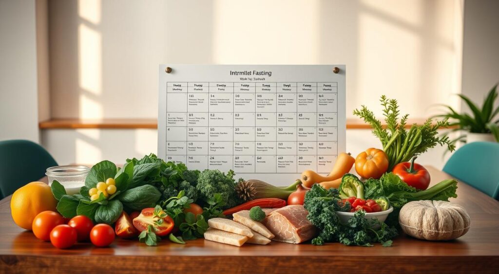 A clean, well-organized intermittent fasting meal plan displayed on a stylish wooden table, bathed in warm, natural lighting. In the foreground, a selection of healthy ingredients like leafy greens, lean protein, and fresh produce, artfully arranged. In the middle ground, a neatly printed weekly meal schedule with A clean, well-organized intermittent fasting meal plan displayed on a stylish wooden table, bathed in warm, natural lighting. In the foreground, a selection of healthy ingredients like leafy greens, lean protein, and fresh produce, artfully arranged. In the middle ground, a neatly printed weekly meal schedule with
