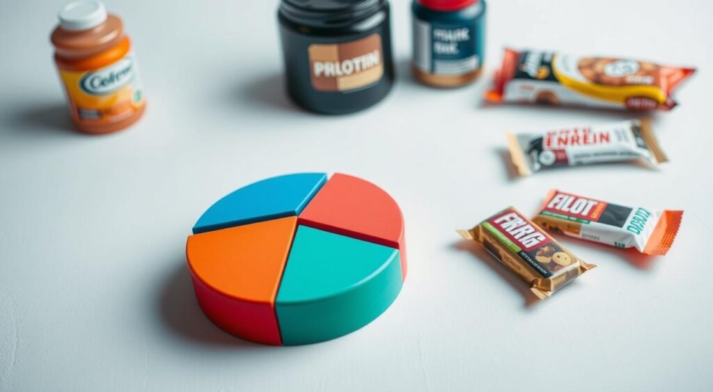 A close-up, detailed illustration depicting the ideal macronutrient ratios for athletes. In the foreground, a colorful pie chart showcases the optimal proportions of carbohydrates, proteins, and fats, presented in a clean, infographic-style layout. The middle ground features various sports nutrition supplements, such as protein powder and energy bars, arranged neatly around the pie chart. The background is a minimalist, light-colored setting, allowing the key elements to stand out. The overall tone is informative, visually appealing, and tailored to the needs of athletic individuals seeking to optimize their post-workout nutrition.