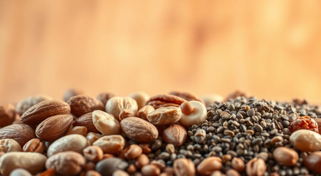 A close-up, detailed illustration showcasing various nuts and seeds against a blurred, warm-toned background. In the foreground, an assortment of almonds, walnuts, cashews, chia seeds, and flaxseeds are arranged artfully, their textures and colors emphasizing their natural richness. Diffused lighting from the side casts soft shadows, highlighting the nutrients and oils within. The middle ground features a subtle gradient, transitioning from earthy tones to a vibrant, energetic backdrop, symbolizing the metabolism-boosting effects of these superfoods. The overall composition conveys a sense of balance, health, and the powerful nutritional benefits of incorporating nuts and seeds into one's diet. A close-up, detailed illustration showcasing various nuts and seeds against a blurred, warm-toned background. In the foreground, an assortment of almonds, walnuts, cashews, chia seeds, and flaxseeds are arranged artfully, their textures and colors emphasizing their natural richness. Diffused lighting from the side casts soft shadows, highlighting the nutrients and oils within. The middle ground features a subtle gradient, transitioning from earthy tones to a vibrant, energetic backdrop, symbolizing the metabolism-boosting effects of these superfoods. The overall composition conveys a sense of balance, health, and the powerful nutritional benefits of incorporating nuts and seeds into one's diet.
