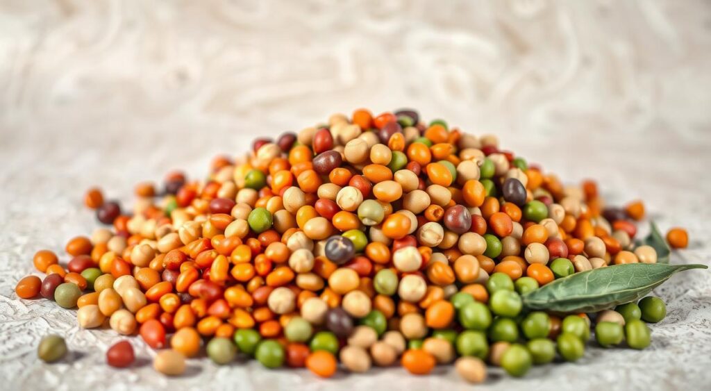 A close-up, detailed still life of an assortment of vibrant, freshly harvested legumes against a neutral, minimalist background. The legumes are arranged in a pleasing, natural composition, casting soft shadows. The lighting is soft and diffused, highlighting the varied textures and rich colors of the beans, lentils, and peas. The image conveys a sense of wholesomeness, nutrition, and the versatility of these plant-based protein sources. The focus is sharp, with a shallow depth of field to emphasize the main subjects. The overall mood is clean, simple, and appetizing, suitable for illustrating a section on the benefits of incorporating legumes into a healthy, balanced diet.