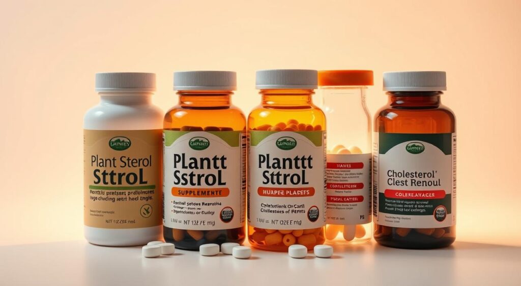 A close-up, high-resolution, hyper-realistic photograph of a side-by-side comparison of plant sterol supplements and cholesterol medication bottles, showcased on a clean, minimalist white background, bathed in soft, warm lighting that accentuates the textures and colors of the products. The plant sterol supplements should be prominently displayed, with their labels and packaging clearly visible, contrasted against the prescription medication bottles. The composition should be visually balanced, with the items arranged in a symmetrical or intentional layout to emphasize the comparison. The overall mood should be clinical, informative, and educational, inviting the viewer to closely examine and compare the two cholesterol-lowering options.