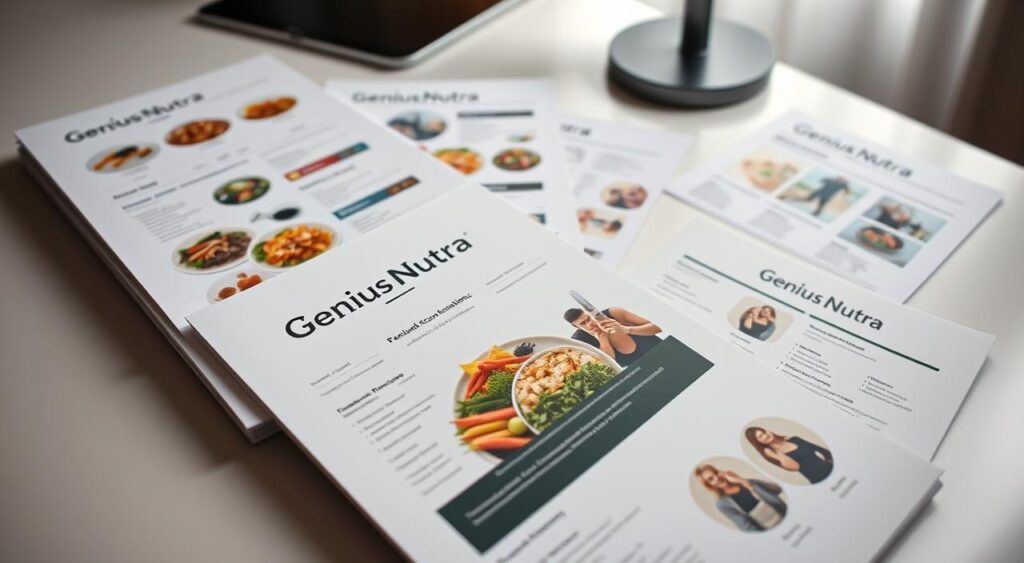 A close-up of personalized diet plans and nutritional guides arranged on a clean, minimalist desk. The plans feature the 